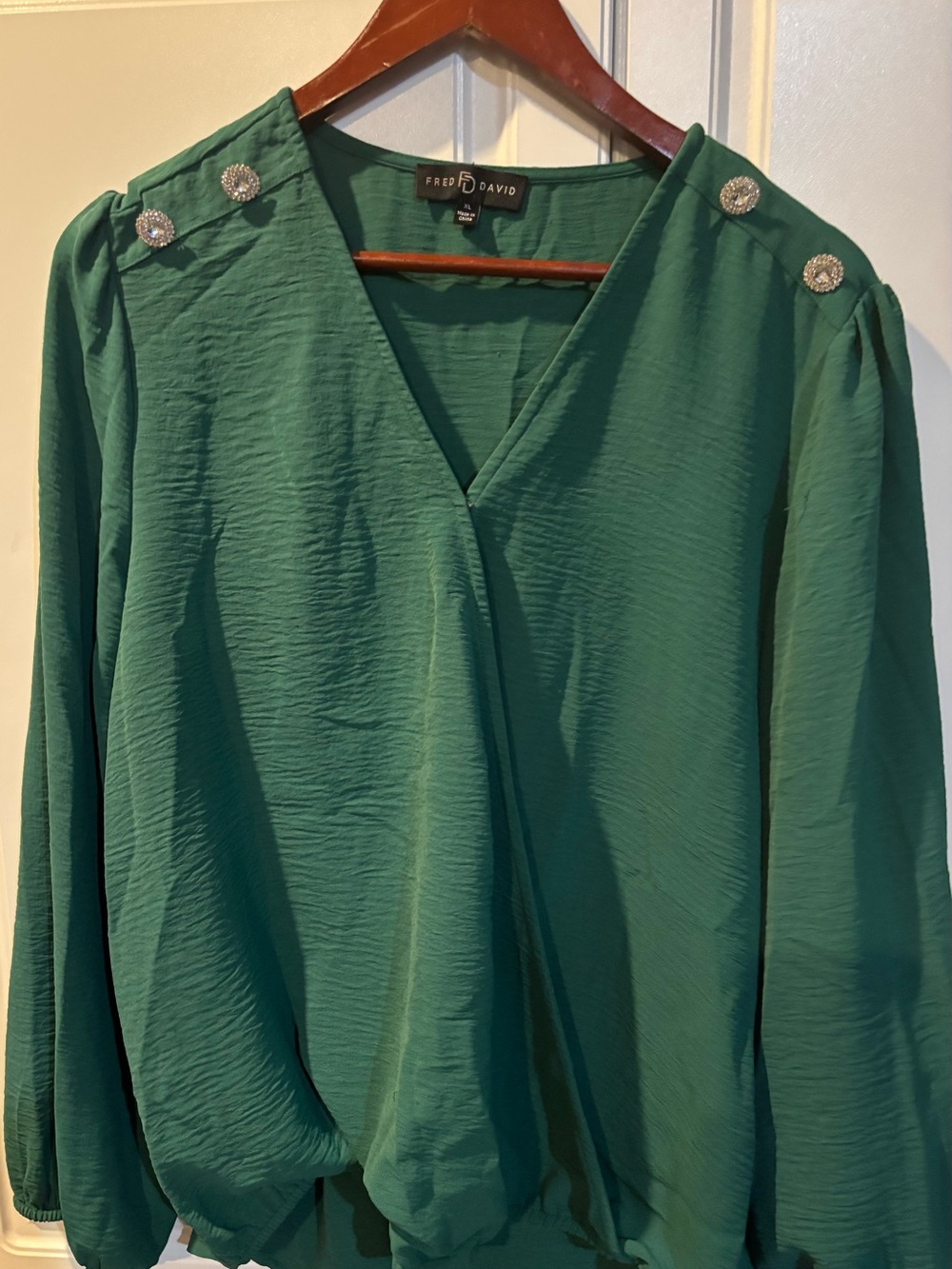 Fred David Emerald Green V-Neck Button-Shoulder Blouse